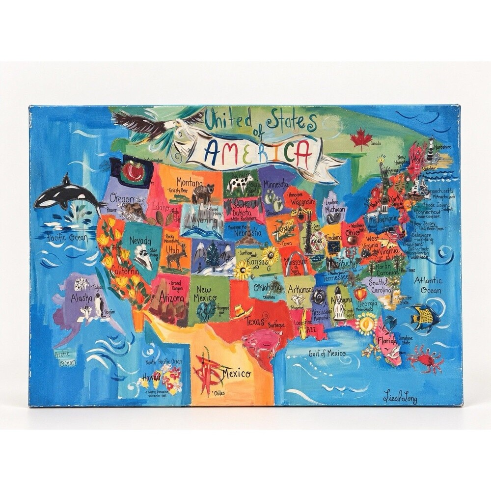 Liesl Long United States Map Mixed Media Canvas Art Print 30x40 Colorful America